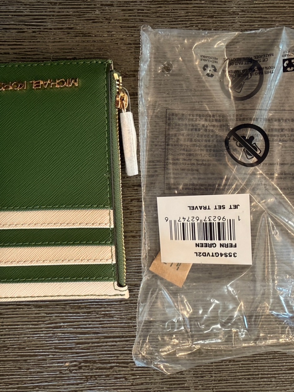 Michael Kors Green and Cream Striped Zip Card Wallet